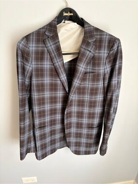 Caruso Brown Blazer with Light Blue Windowpane Plaid